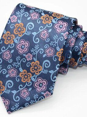 Kailong Navy Floral 100% Silk Tie Handmade 58.5" x 4" Wide